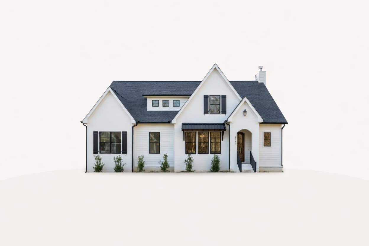 Beautifully painted white farmhouse with dark charcoal roof and shutters